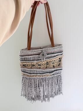 Mira Boutique Woven Fringe Boho Gray Bag